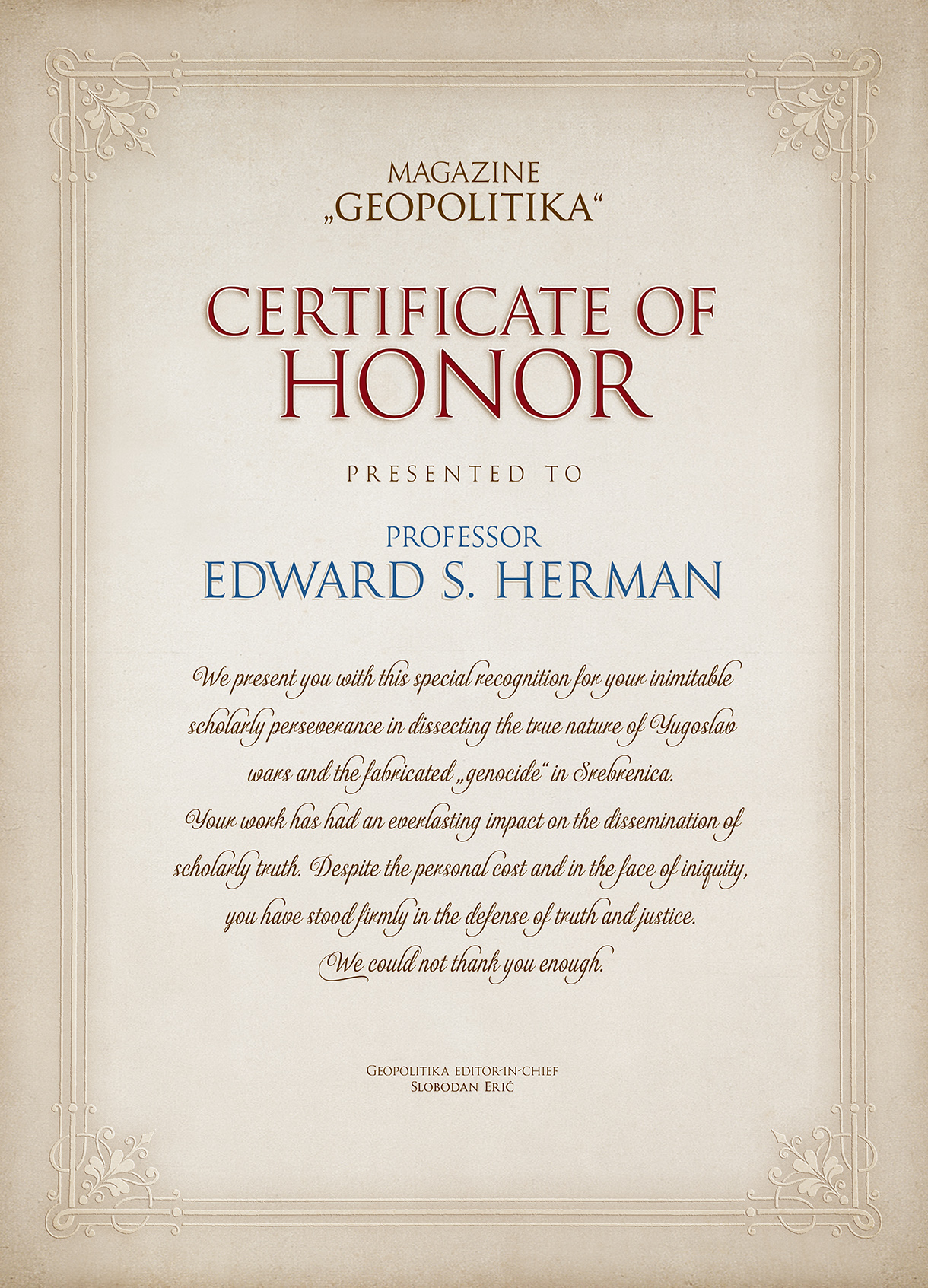 Повеља Едварду Херману од Геополитике